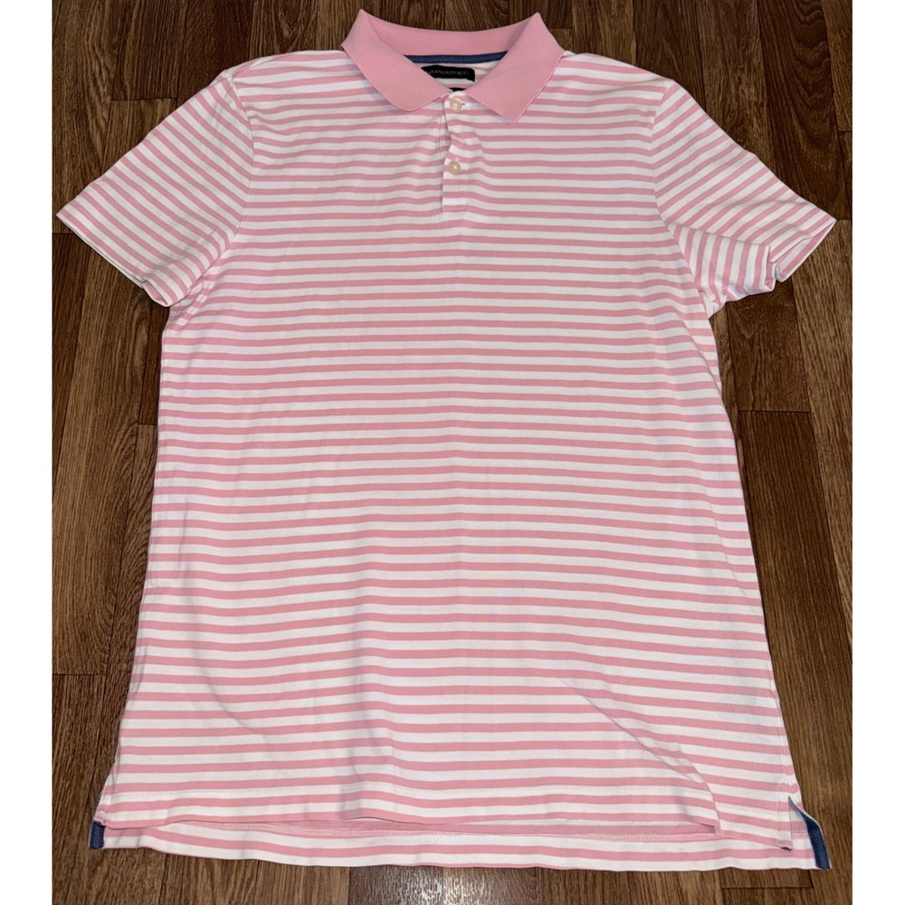 Banana Republic Mens L Pink‎ White Striped Pique Polo Shirt Standard Fit 887858